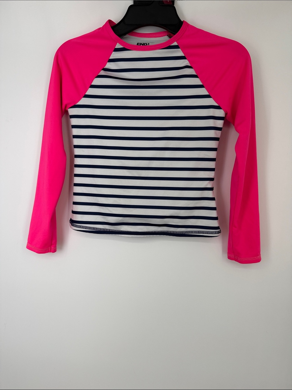 Lands’ End Girls' Striped Rash Guard with Neon Pink Sleeves size 6